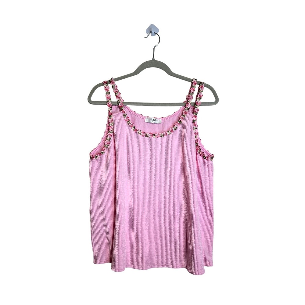 Moa Moa Woman Pink Ribbed Floral Embroidered Tank Top Coquette Scoop Neck XL
